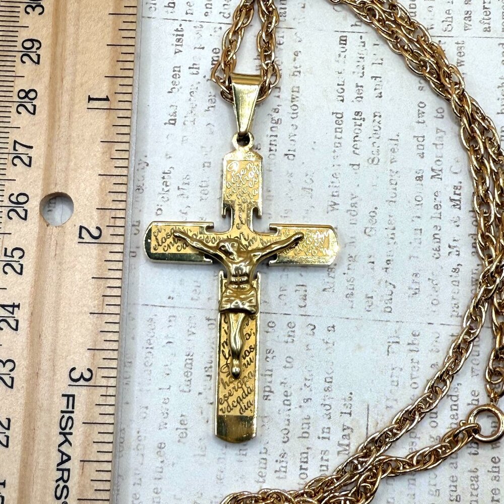 Large Stainless Steel Yellow Gold Spanish Crucifix Cross Pendant Necklace - Picture 5 of 8